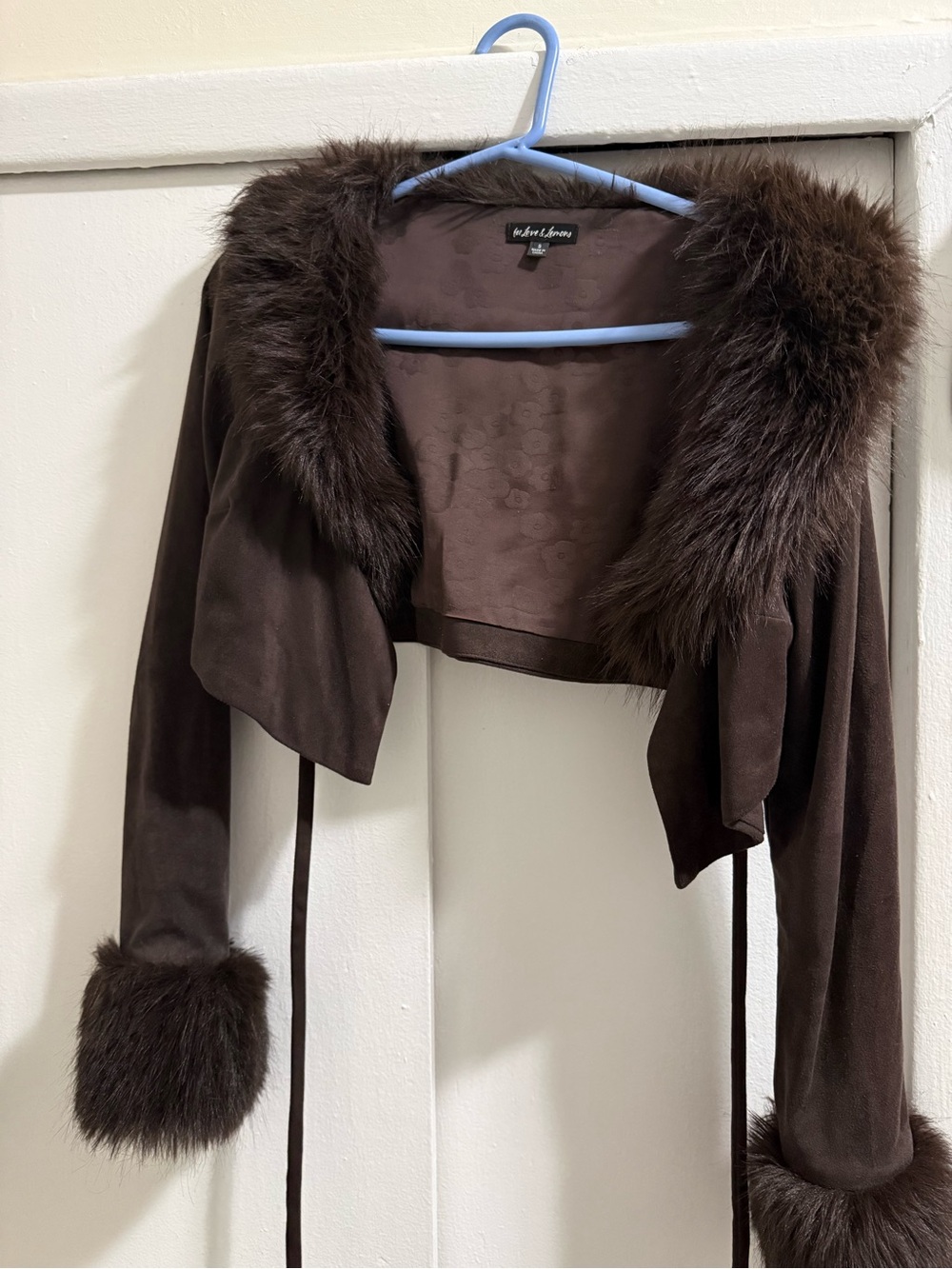 For Love & Lemons Brown Faux Fur Trim Cropped Cape Jacket